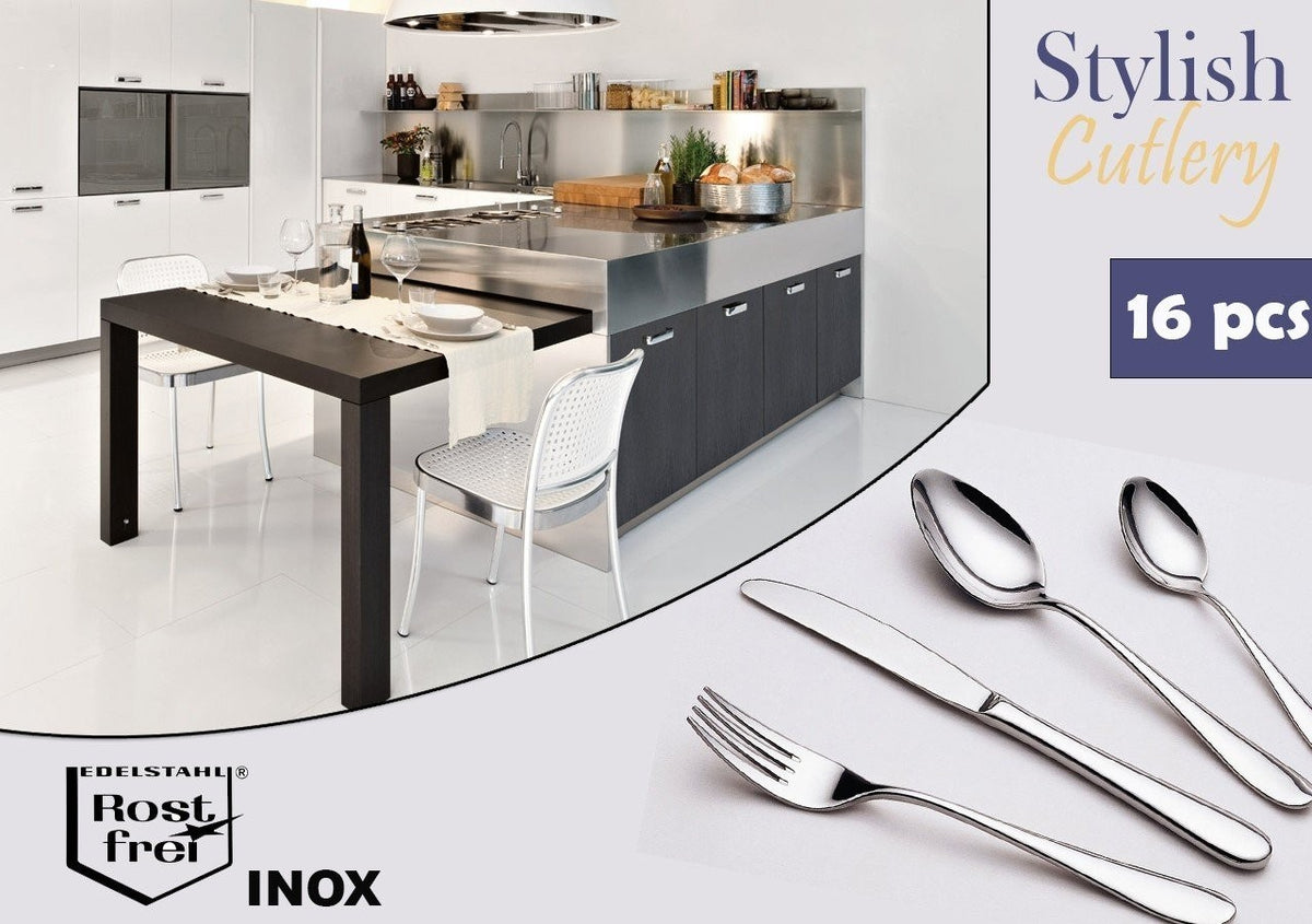 Set 16 pièces de cuisine- Ensemble de couverts INOX moderne et élégant avec étui