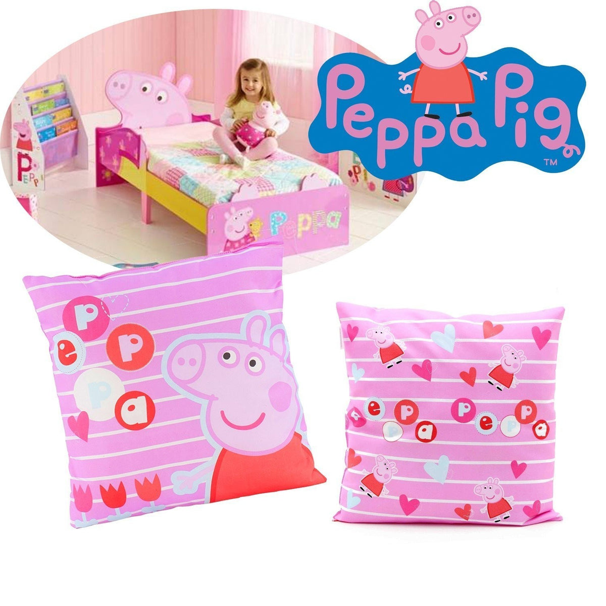 Coussin PEPPA PIG (42x42cm) microfibre rose et motif de fleur - chambre enfant