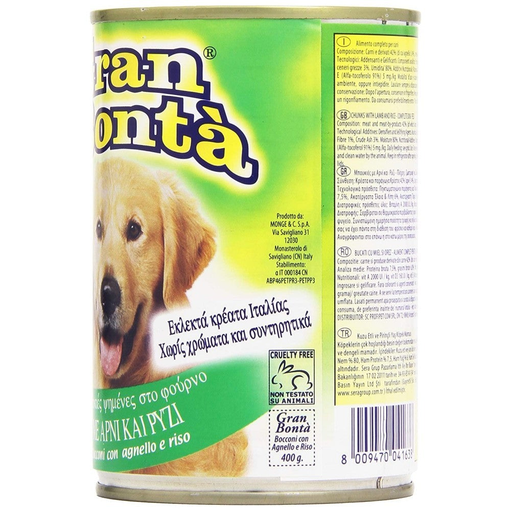 Pack 24 boîtes de conserve GRAN BONTA' d'agneau et riz pour chien 400g
