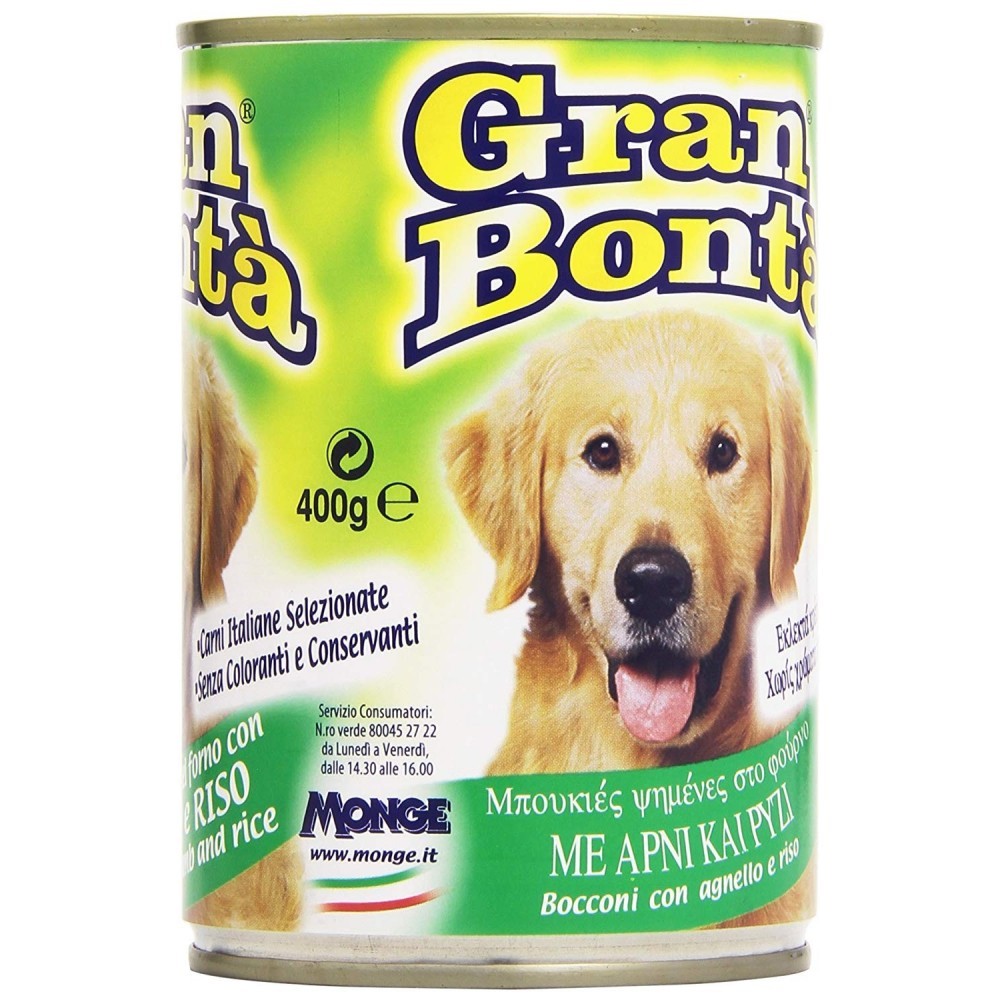 Pack 24 boîtes de conserve GRAN BONTA' d'agneau et riz pour chien 400g