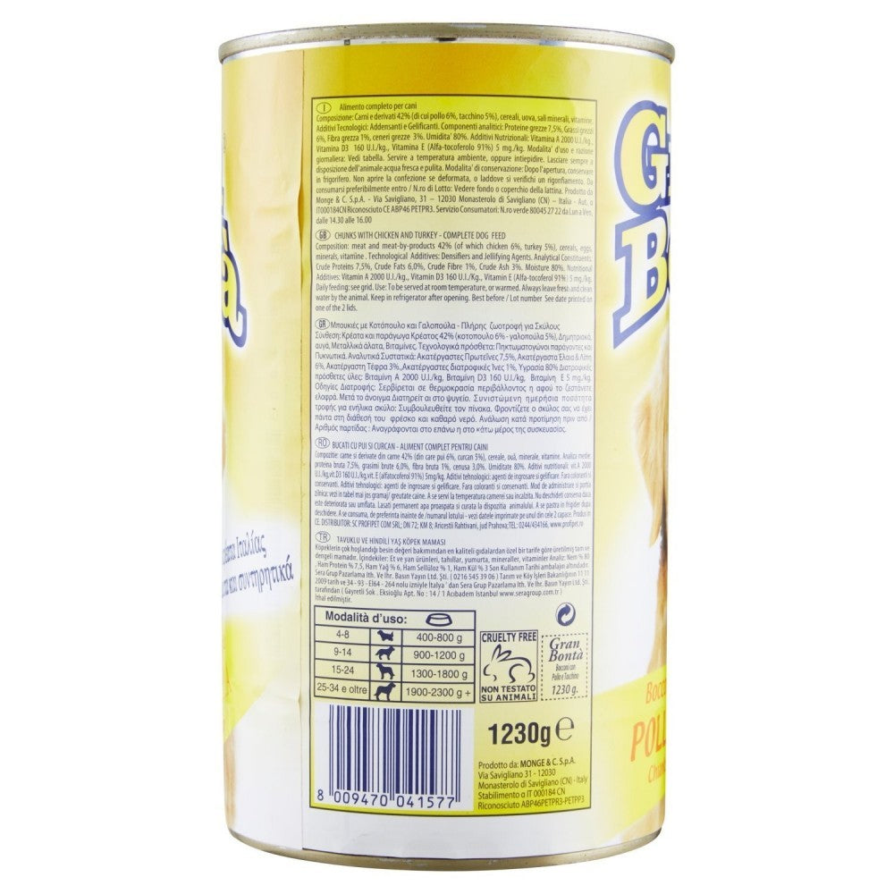 Pack 24x boîtes de viande de poulet et dinde GRAN BONTA' pour chien 400g