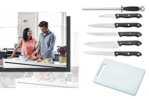 Set de cuisine 7 pièces - planche a découper aiguiseur 5 couteaux - WELKHOME
