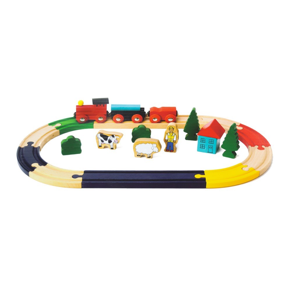 721206 Petit train en bois avec rail et accessoires, wagons magnétiques