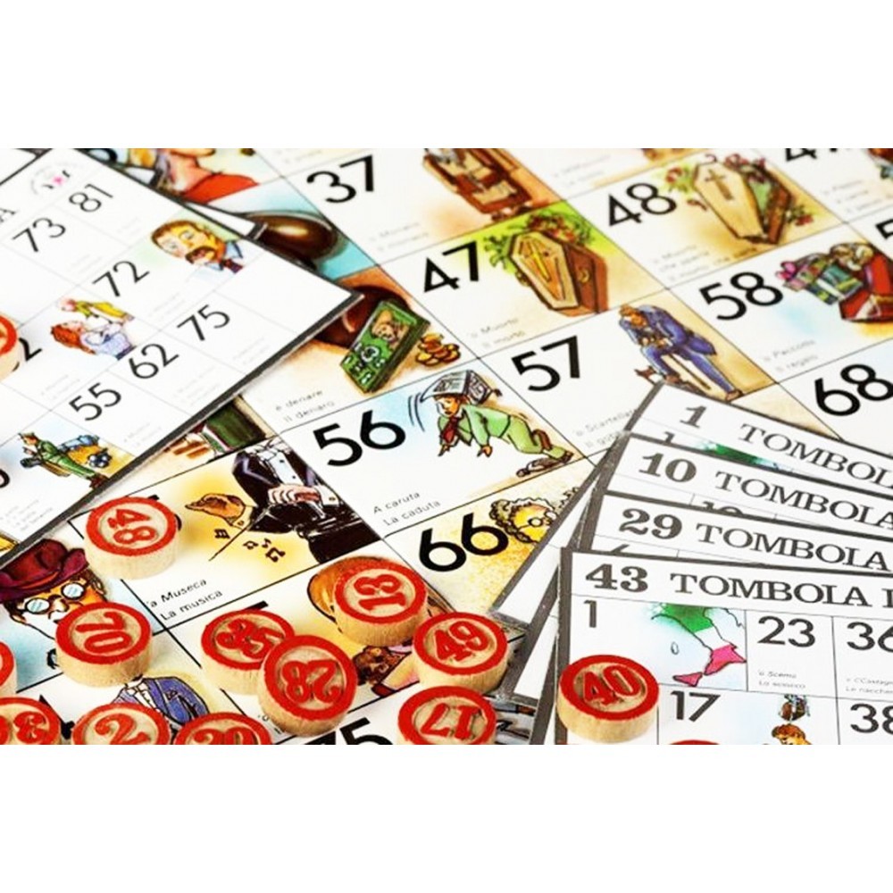 221439 Tombola napolitaine 48 cartes Panier en osier et panneau de numéros