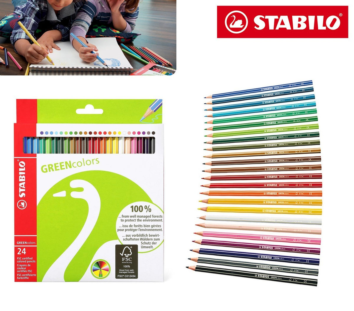 6019/2-24 Étui carton de 24 crayons de couleur STABILO GREEN hexagonal