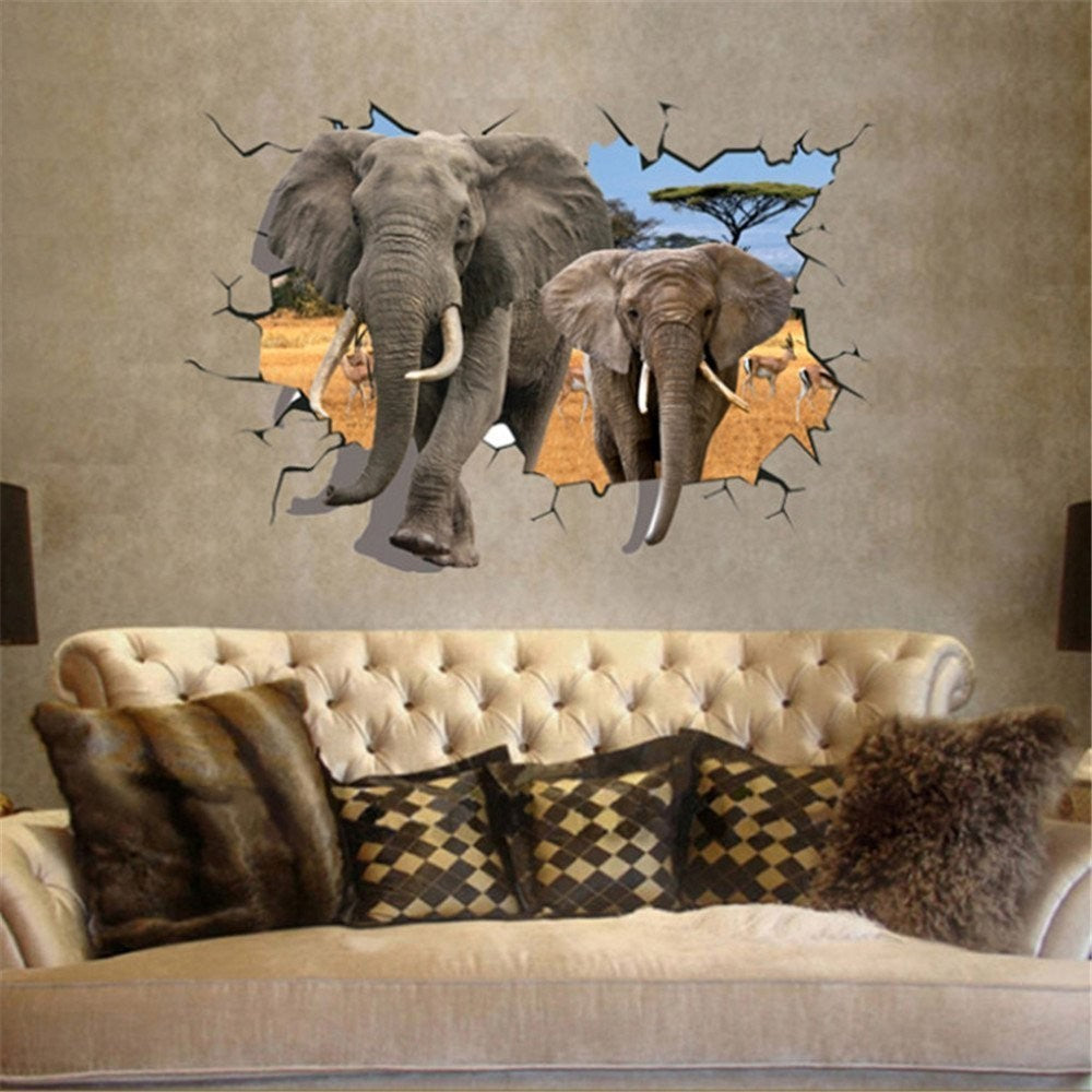 Sticker murale effet 3D Trompe l'œil Afrique deux éléphantes 100 x 70 cm