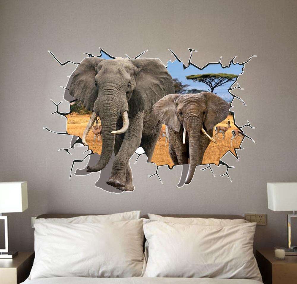 Sticker murale effet 3D Trompe l'œil Afrique deux éléphantes 100 x 70 cm