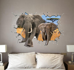 Sticker murale effet 3D Trompe l'œil Afrique deux éléphantes 100 x 70 cm