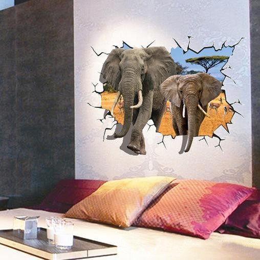 Sticker murale effet 3D Trompe l'œil Afrique deux éléphantes 100 x 70 cm