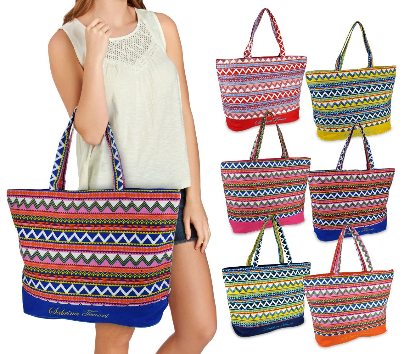 0658T Sac de plage en plusieurs couleurs modèle Jamila by Sabrina motif ethnique