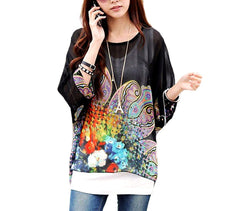 Blouse en mousseline de soie oversize asymétrique avec imprimé floral - Noir