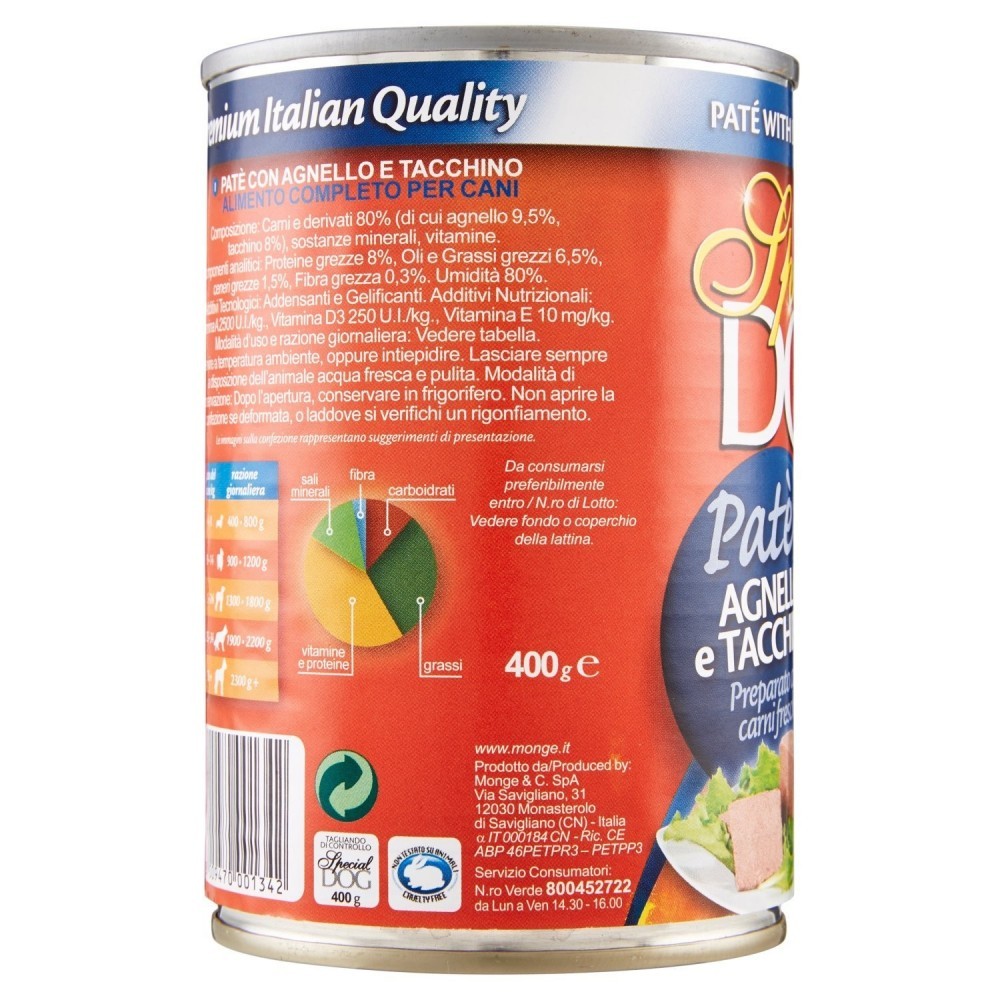 Pack 24 boites Monge SPECIAL DOG ​​Pâté d'Agneau et de Dinde 400gr