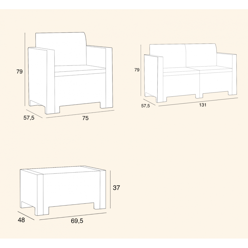 Ensemble jardin 1 canapé 2 sièges et 1 table Alabama avec coussins en 3 couleurs