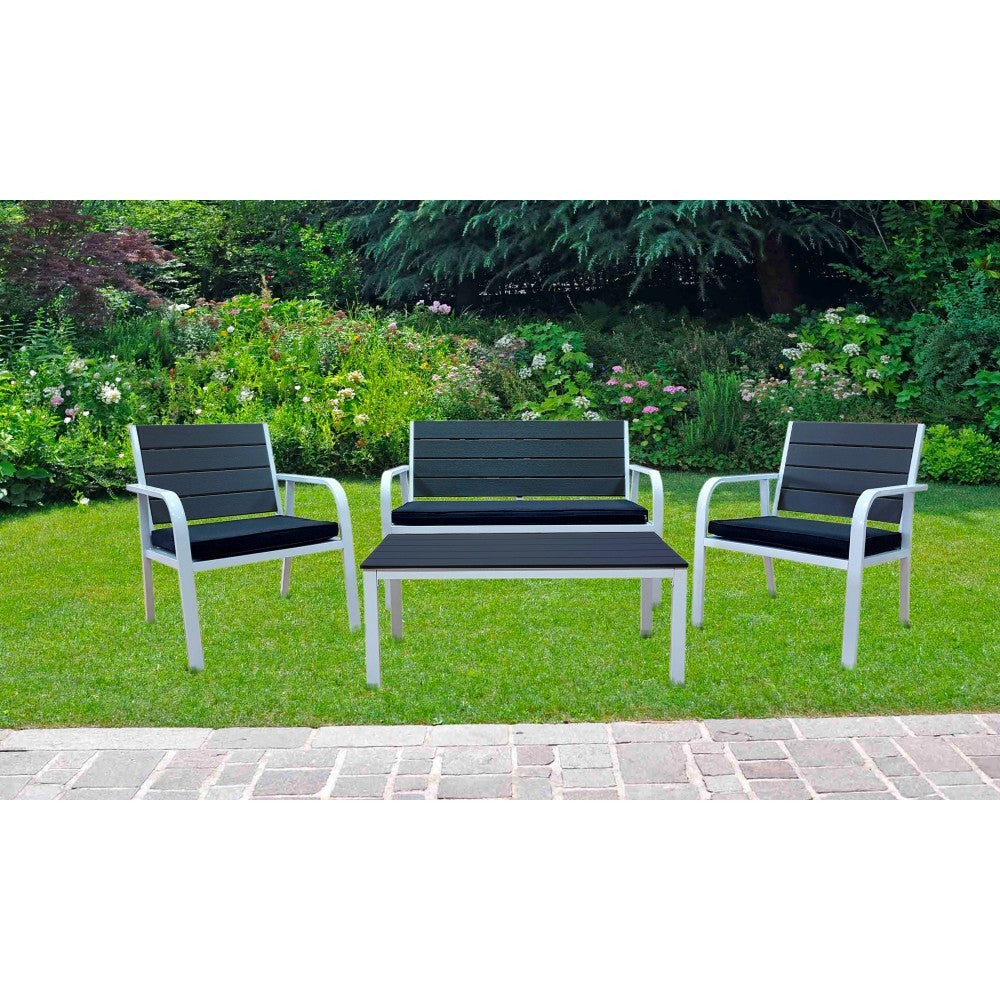 Ensemble complet table Dallas 2 chaises 1 banc de jardin avec coussins