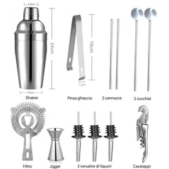 Kit 12 + 1 pièces de Barman avec base en bois et guide pour cocktail en acier
