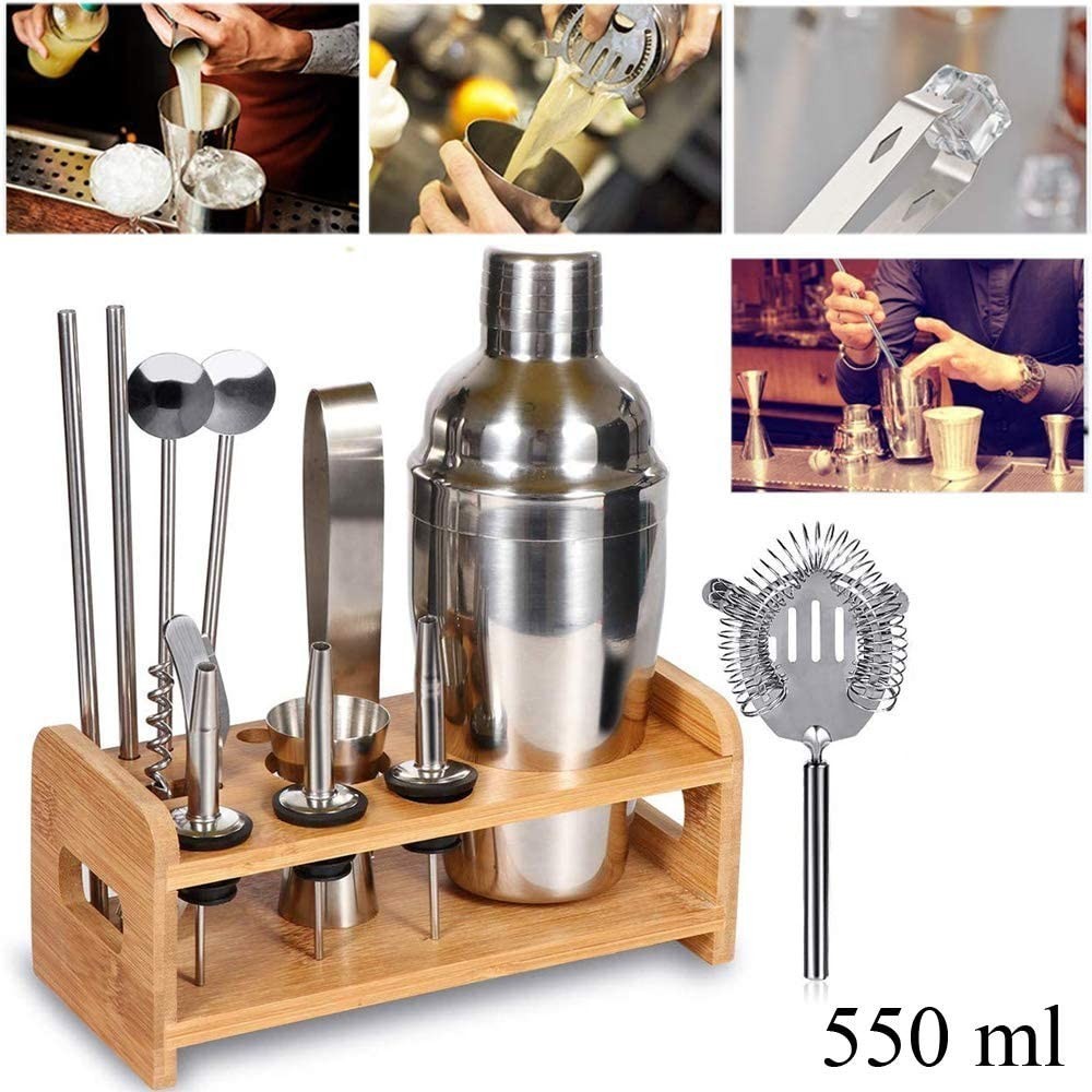 Kit 12 + 1 pièces de Barman avec base en bois et guide pour cocktail en acier