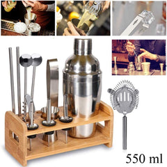 Kit 12 + 1 pièces de Barman avec base en bois et guide pour cocktail en acier