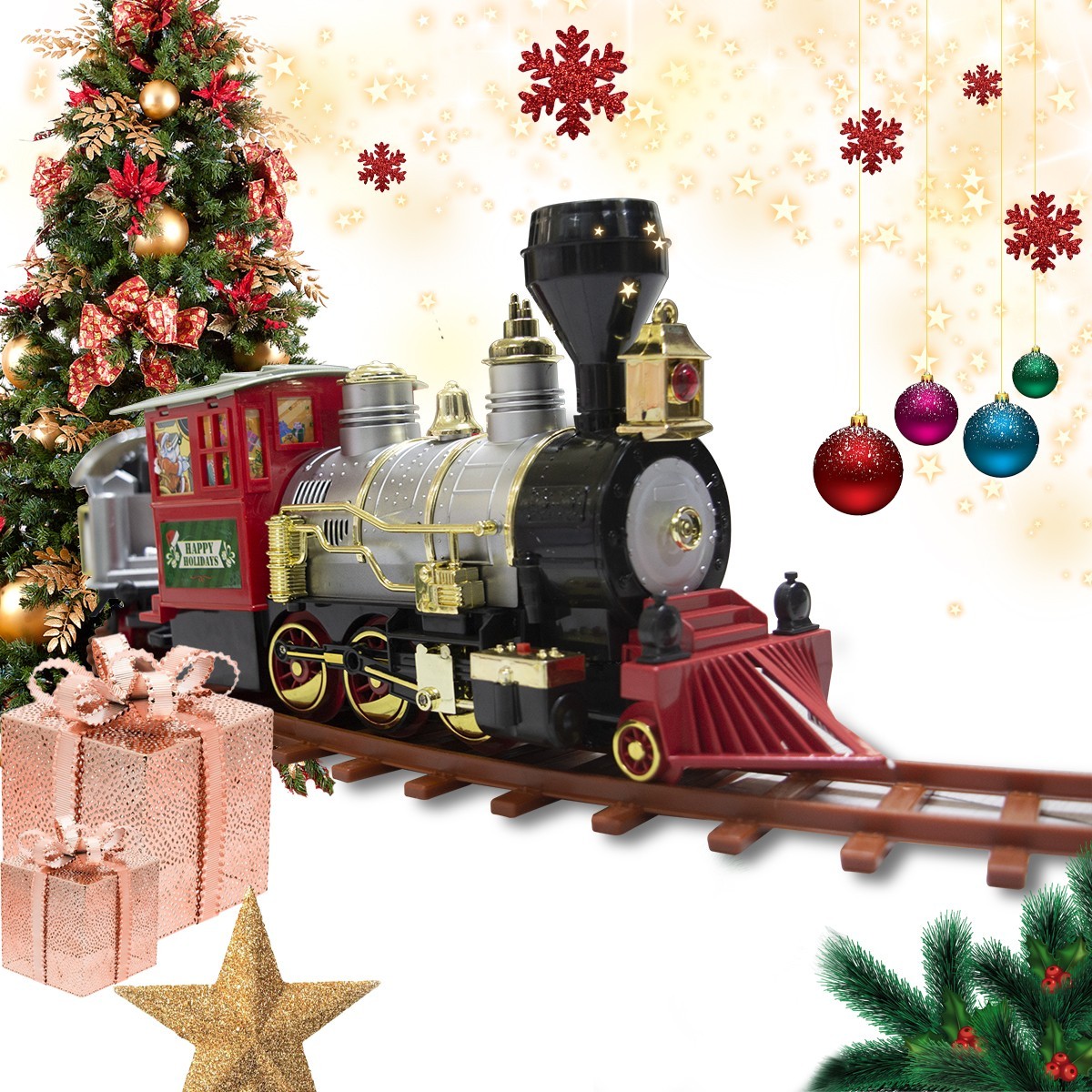 Train arbre de Noël batterie 52pièces 258109 lumières sonores surélevée 130x27cm