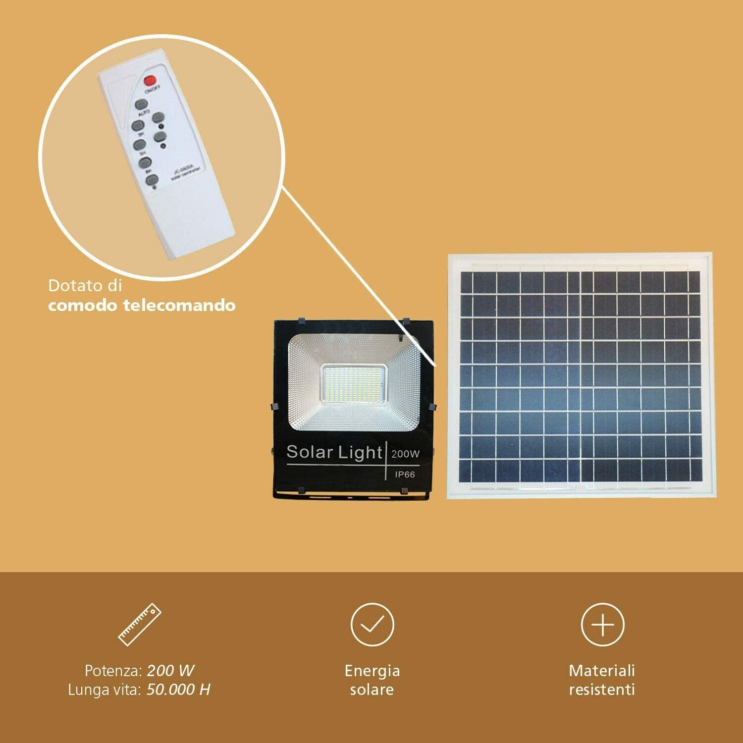 Phare 200W led énergie solaire froide 011200 , crépuscule et télécommande 6500k