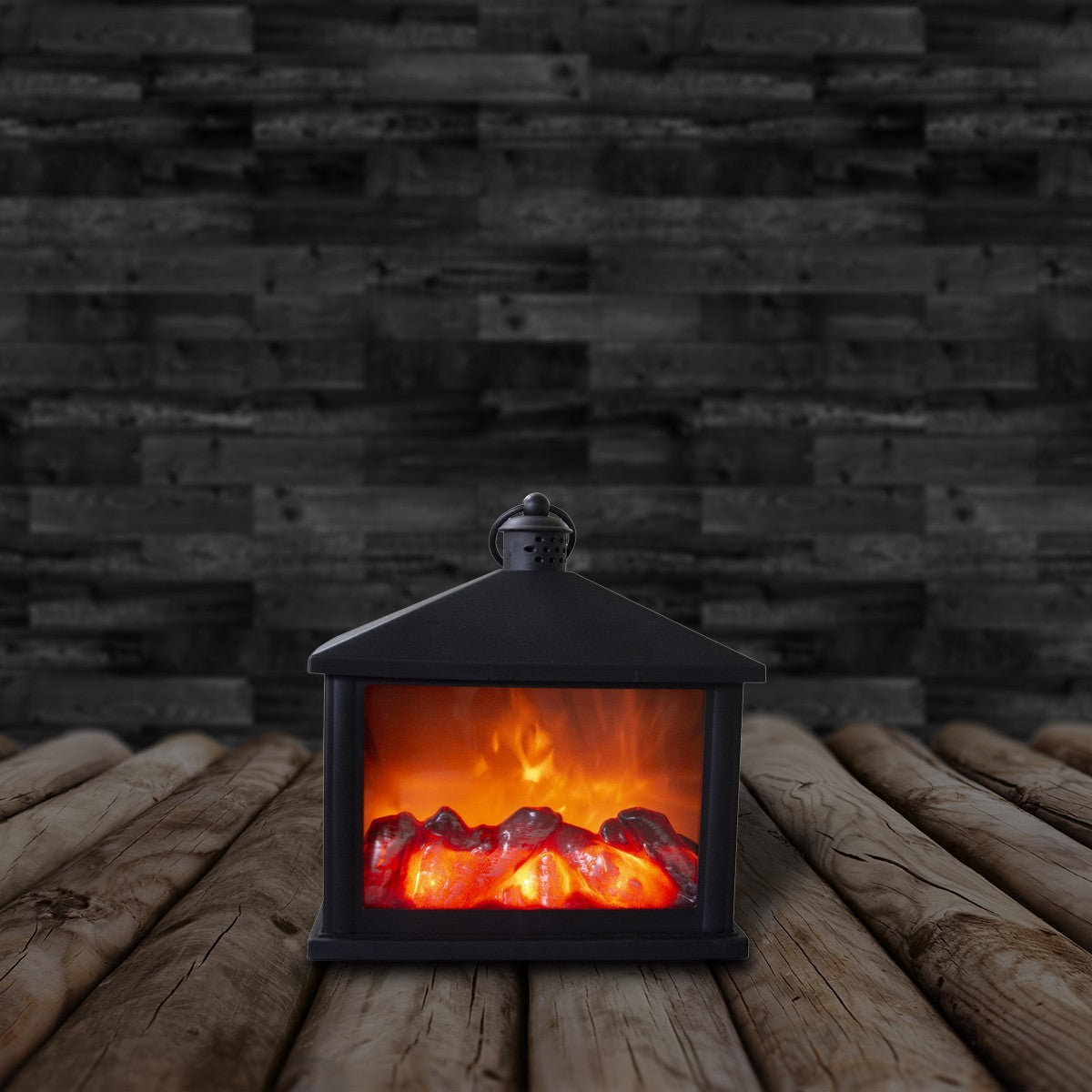 Lanterne avec feu faux 994852 cheminée led 20x9x20h cm couleur noire