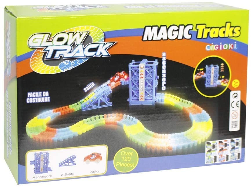 Glow Track Magic piste fluorescent 120 pièces 498903 avec ascenseur et voiture
