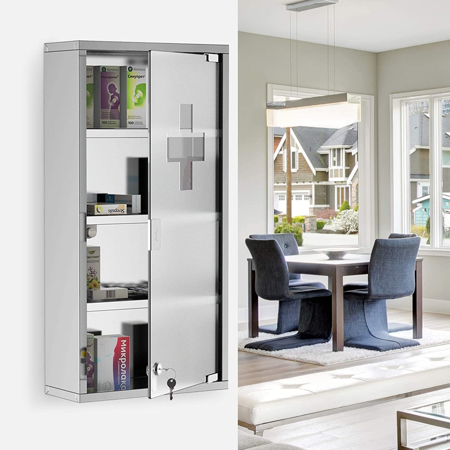 Armoire de pharmacie avec clé en acier inoxydable verre dépoli 30x12x45h cm
