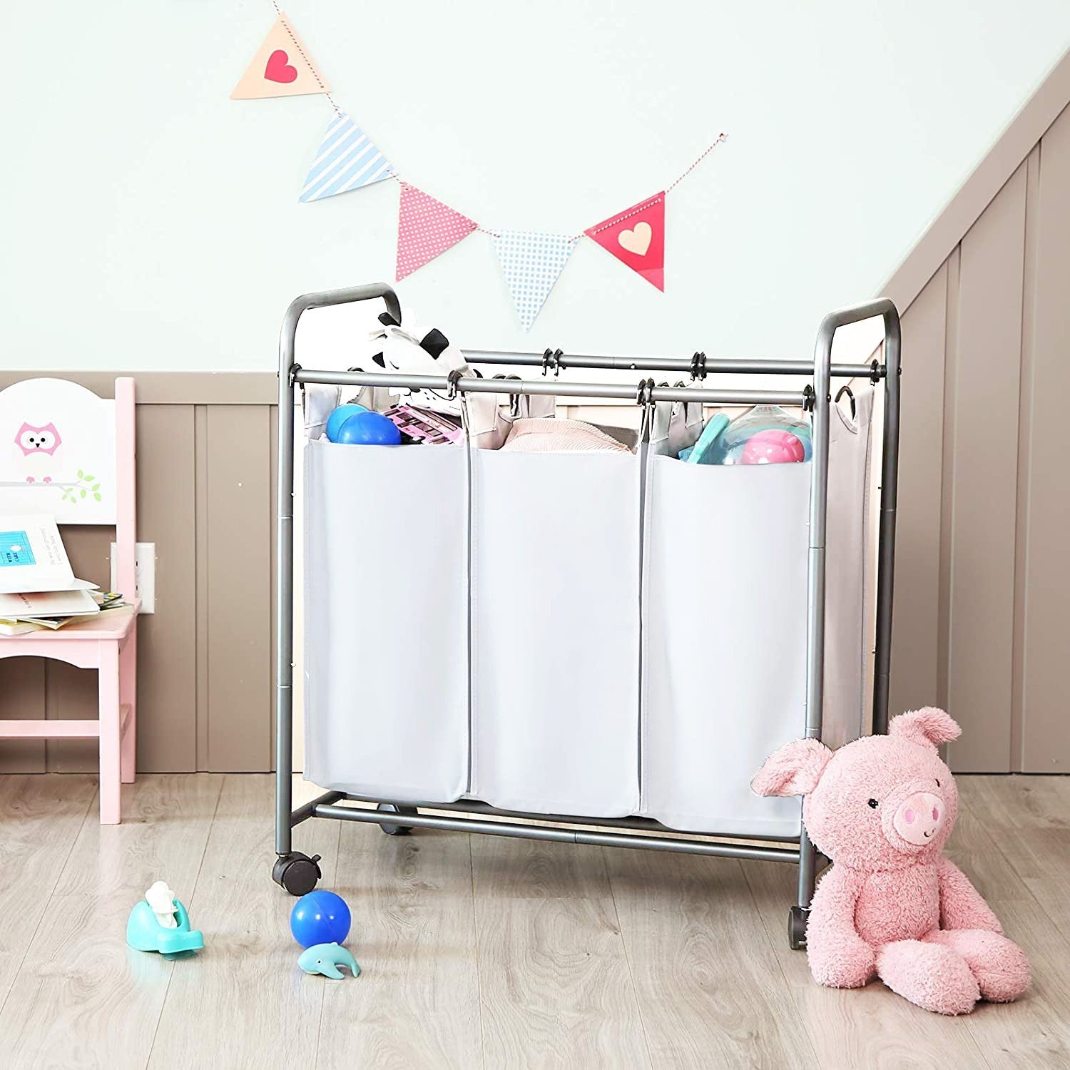 Panier Porte-objets et linge 3 sacs amovibles et roulettes Panier Linge
