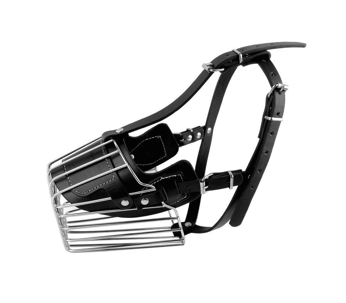 Muselière à panier art.5809 en acier et en cuir 13cm pour chiens petits / moyens