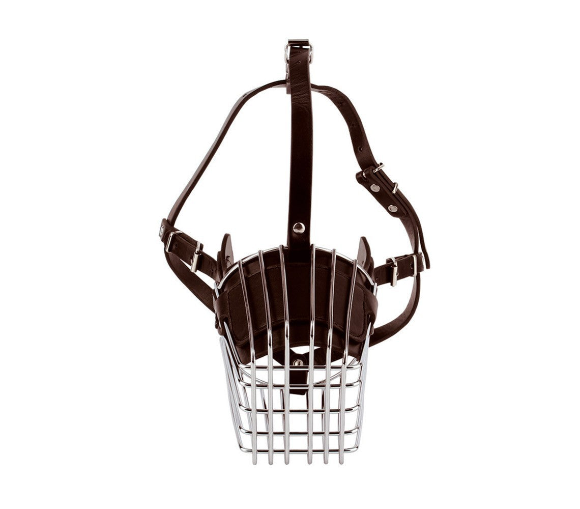 Muselière à panier art.5809 en acier et en cuir 13cm pour chiens petits / moyens