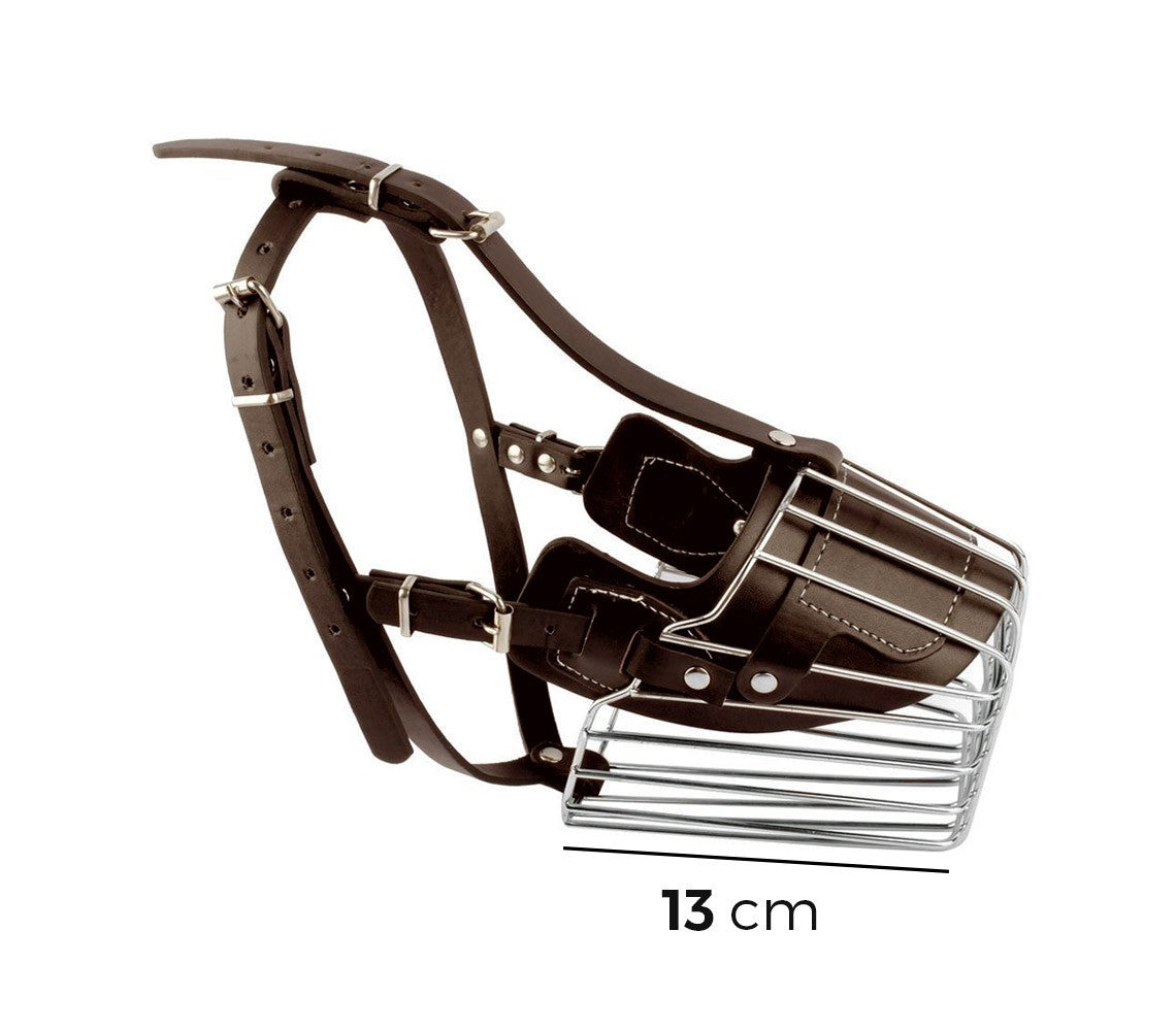 Muselière à panier art.5809 en acier et en cuir 13cm pour chiens petits / moyens