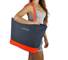 0658T Sac de plage modèle Onshore effet jeans double poignée détails fluo