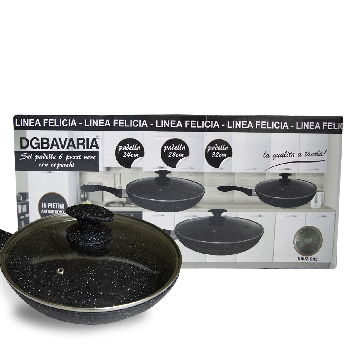 354001 DGBAVARIA Set de 3 poêles en pierre noire avec couvercles 24-28-32 cm