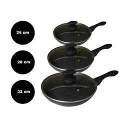 354001 DGBAVARIA Set de 3 poêles en pierre noire avec couvercles 24-28-32 cm