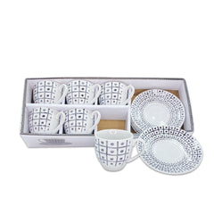 Set de 6 tasses à café, avec soucoupe mod. TRIS 270044 en porcelaine blanche