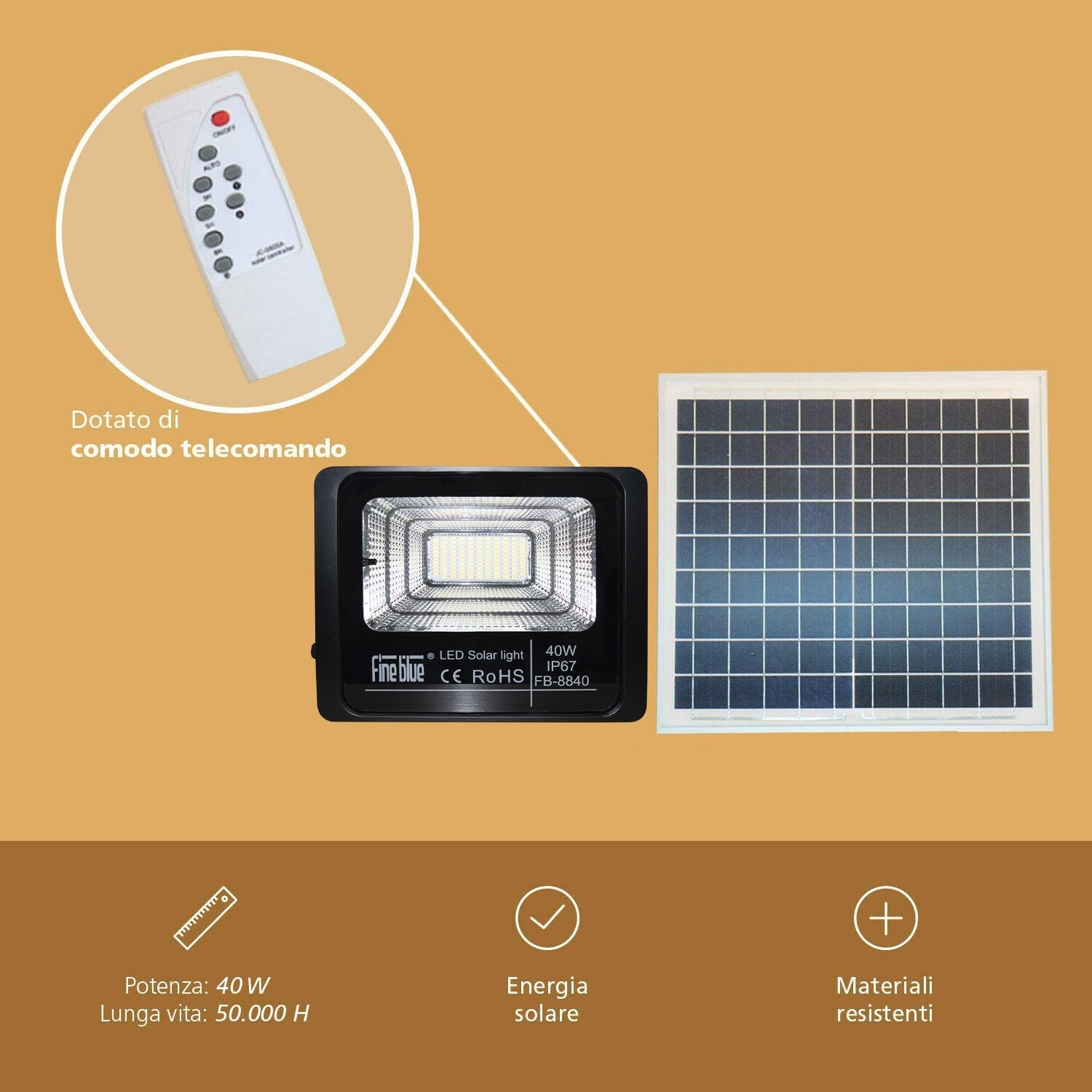 Phare led avec recharge solaire 40W étanche IP67 FB-8840 6500K lumière froide
