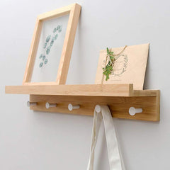 Etagère 5 crochets porte-manteaux serviettes en bois de bambou, mur 61x12xH10cm