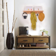 Etagère 5 crochets porte-manteaux serviettes en bois de bambou, mur 61x12xH10cm
