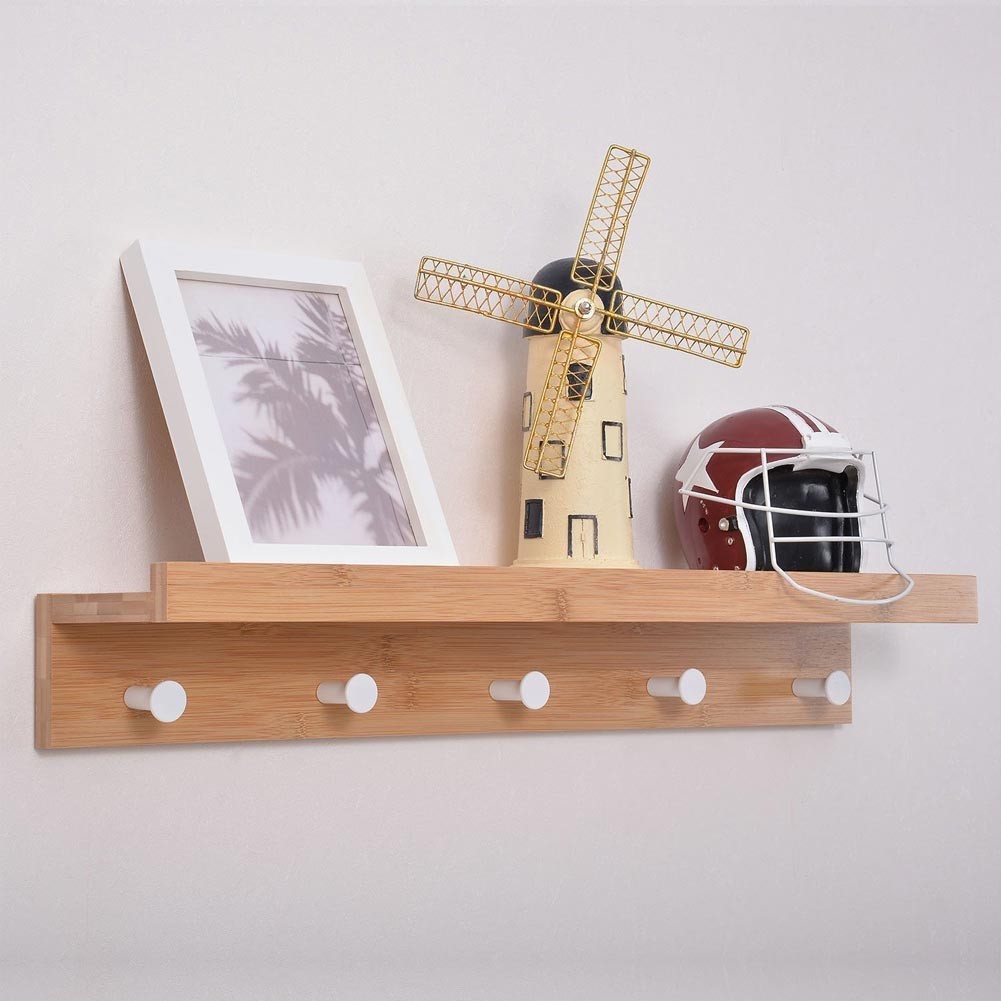 Etagère 5 crochets porte-manteaux serviettes en bois de bambou, mur 61x12xH10cm