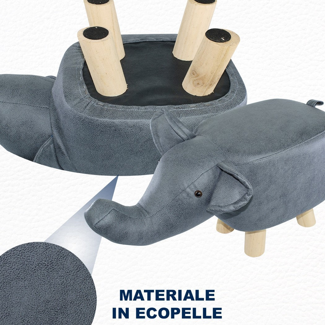 Pouf en tissu souple faux cuir 372027 en forme d’éléphant en bois 47x25xH28 cm