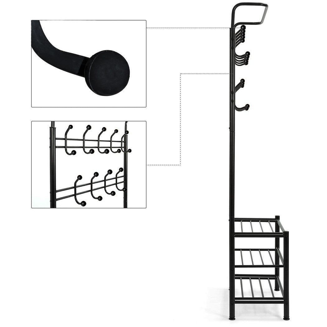 Portemanteau NOIR avec porte-chaussures pour le couloir 3 étagères 65x29xH190 cm