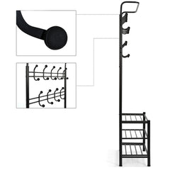Portemanteau NOIR avec porte-chaussures pour le couloir 3 étagères 65x29xH190 cm