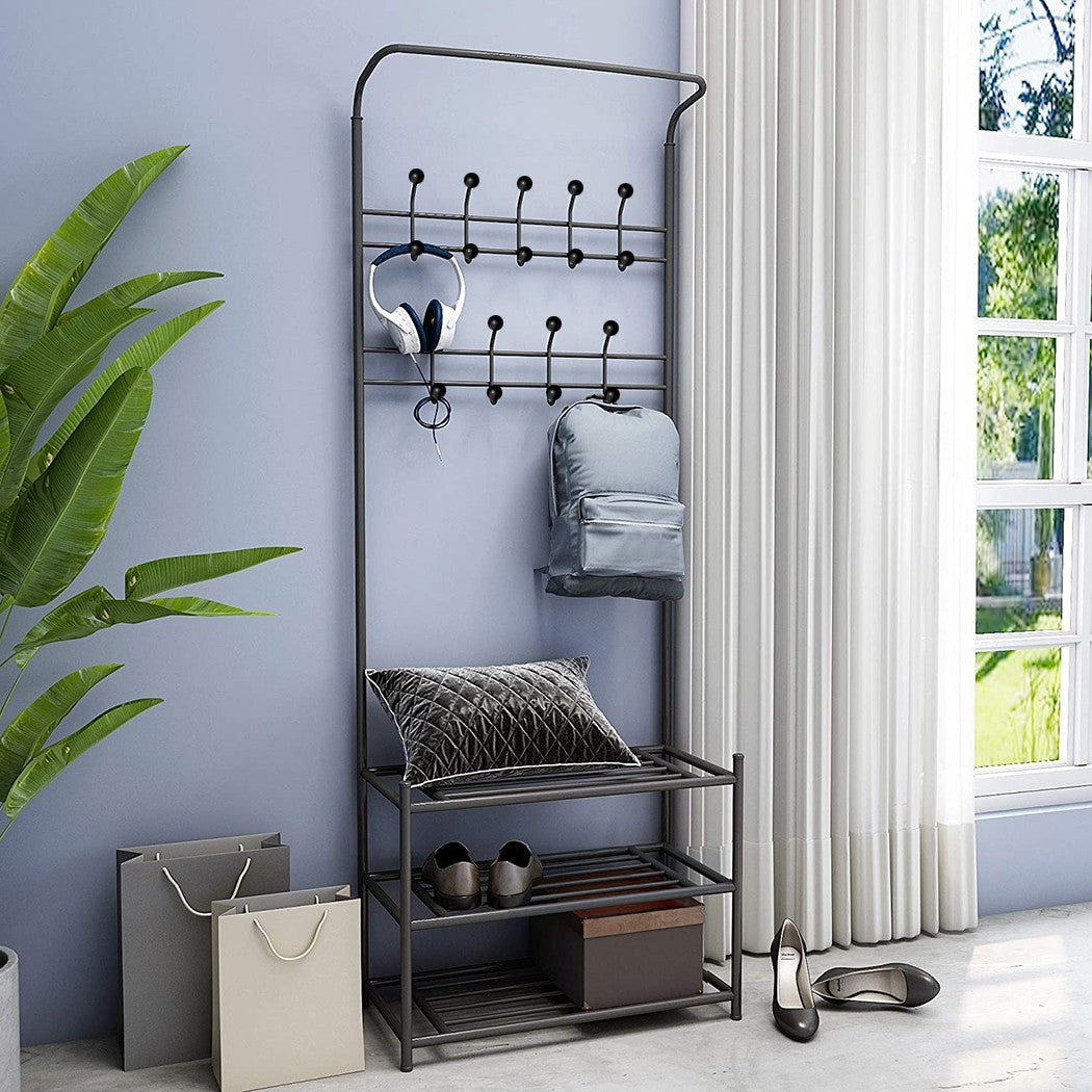 Portemanteau NOIR avec porte-chaussures pour le couloir 3 étagères 65x29xH190 cm
