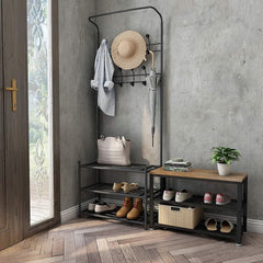 Portemanteau NOIR avec porte-chaussures pour le couloir 3 étagères 65x29xH190 cm
