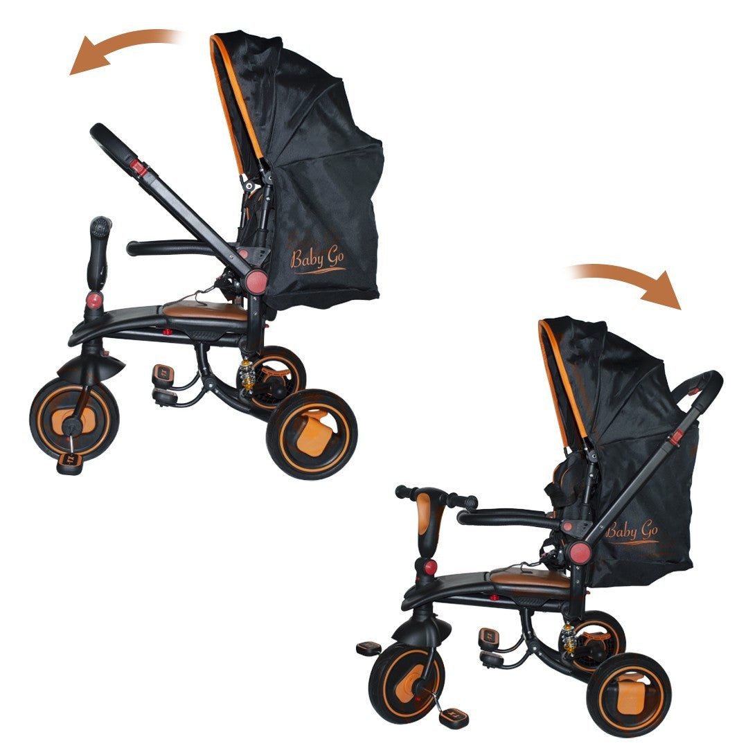 Tricycle modulaire réversible BabyGo siège en cuir lumières sons face à maman