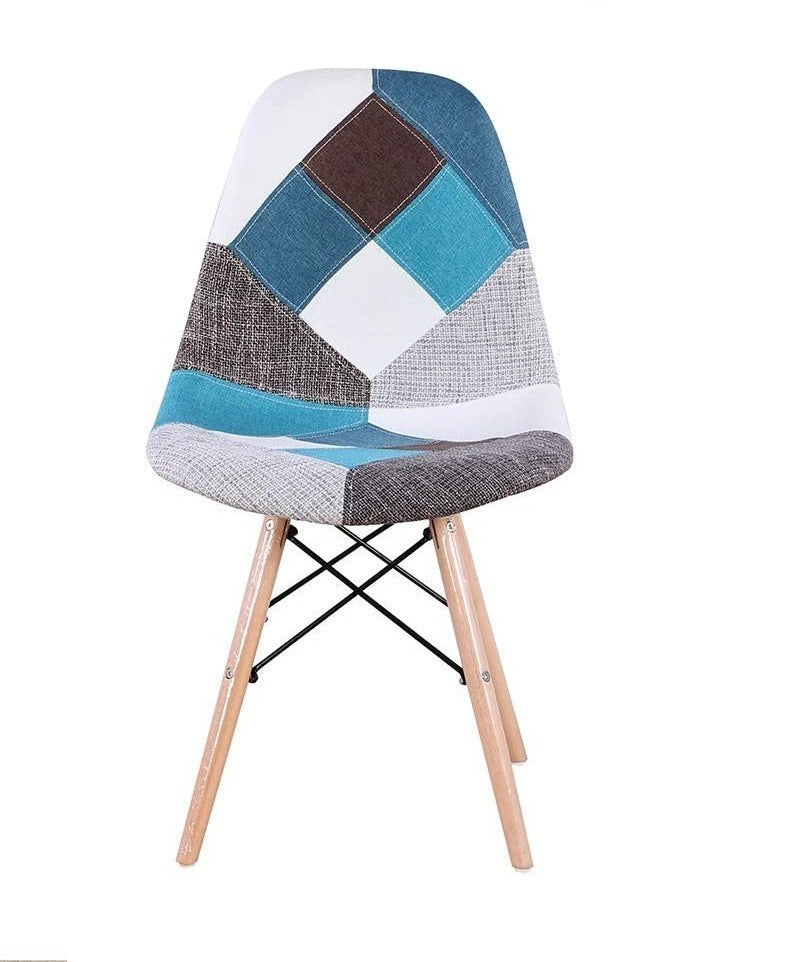 Chaise fantaisie BLEU patchwork  48x54x85 cm pieds bois et assise moelleuse