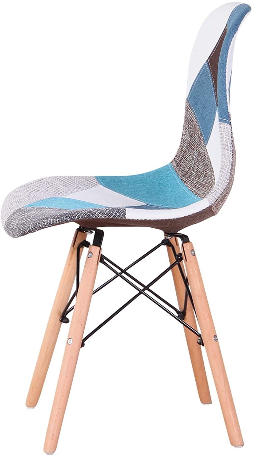 Chaise fantaisie BLEU patchwork  48x54x85 cm pieds bois et assise moelleuse