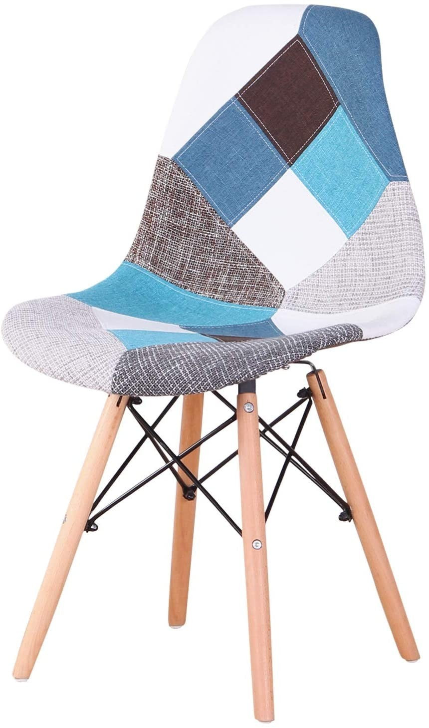 Chaise fantaisie BLEU patchwork  48x54x85 cm pieds bois et assise moelleuse