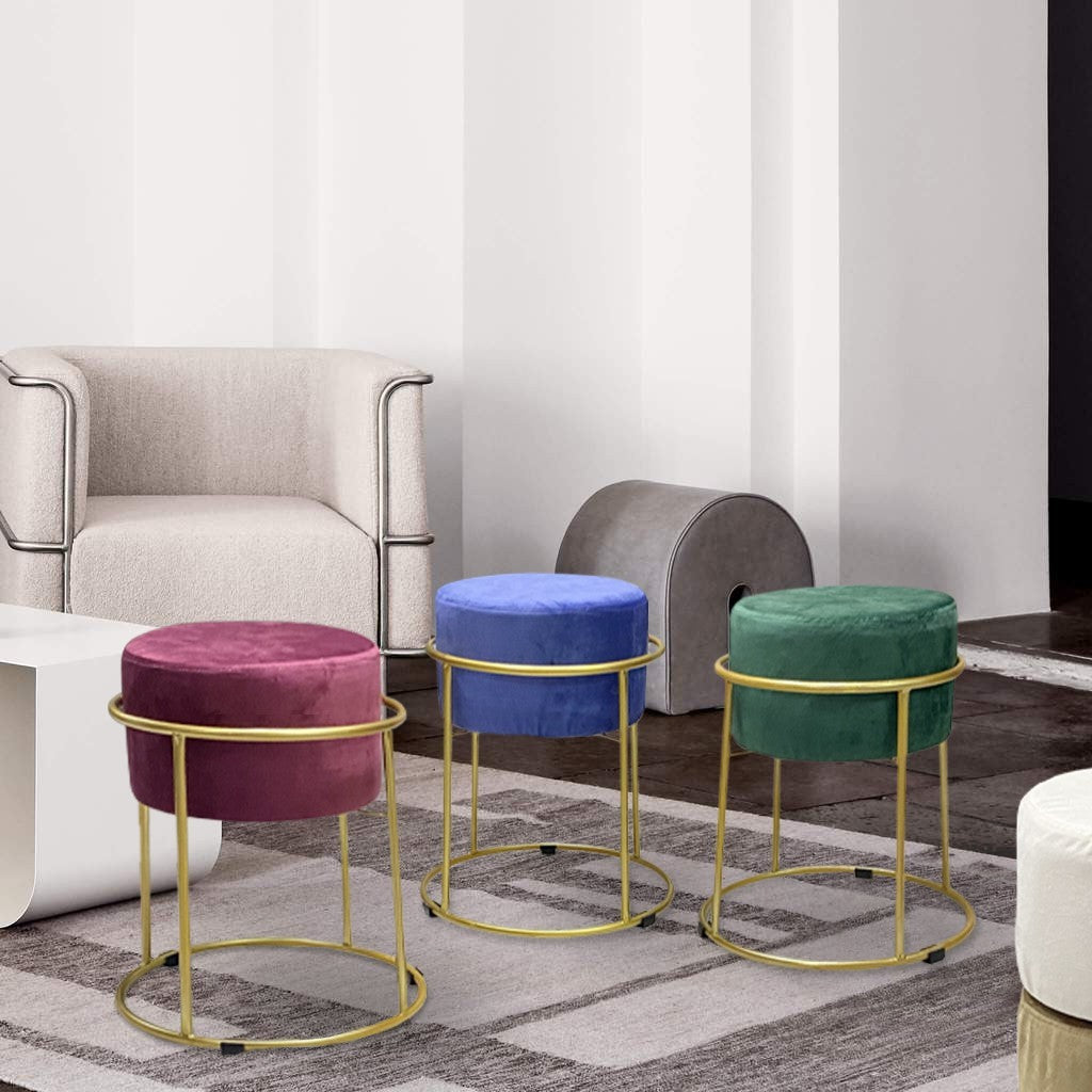 Tabouret Pouf en Velours Doux Design Luxury Structure Métal Couleur Or 44x38