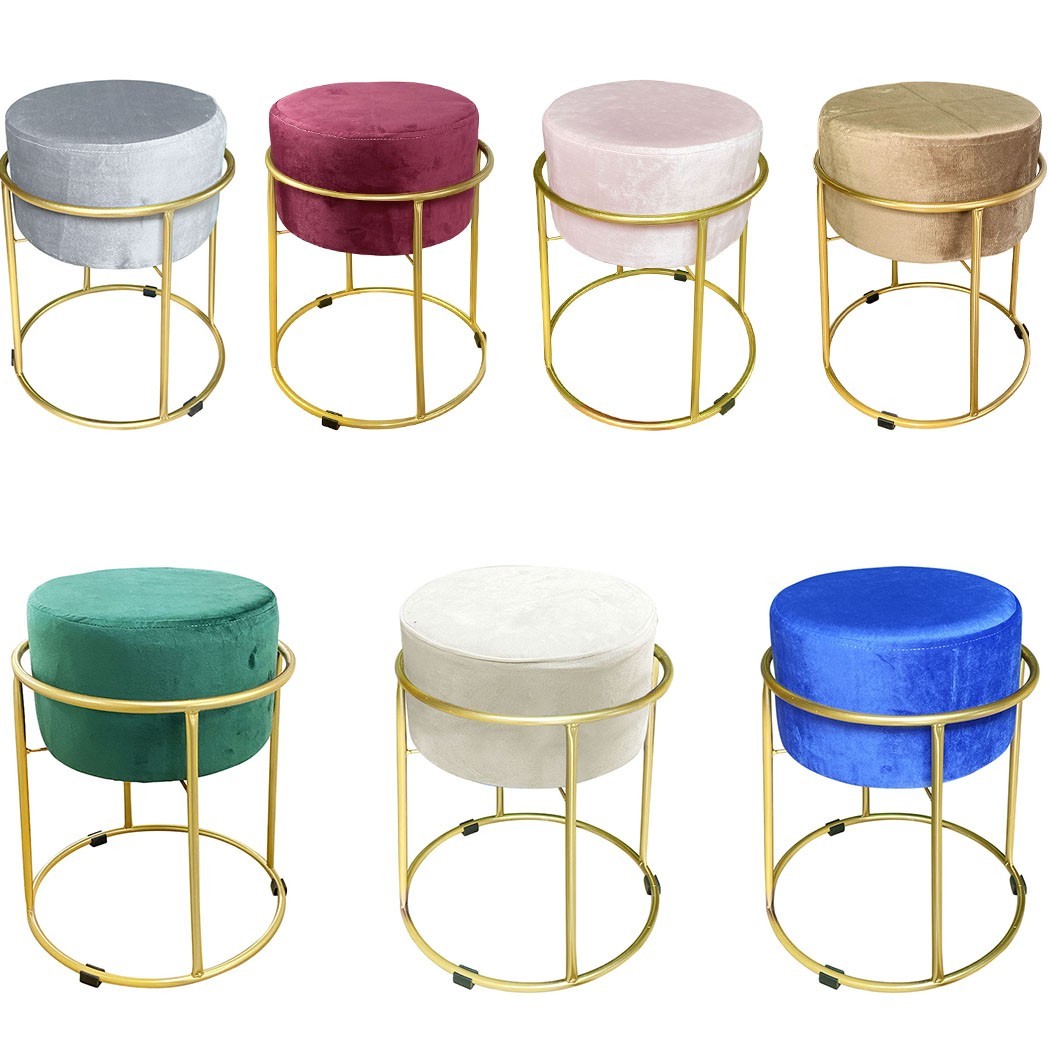 Tabouret Pouf en Velours Doux Design Luxury Structure Métal Couleur Or 44x38