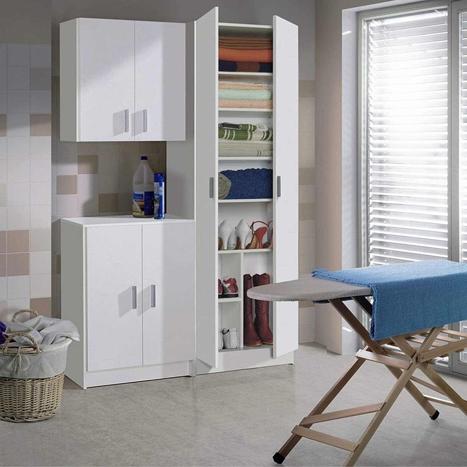Armoire polyvalente À Colonne avec 2 Portes et 7 Étagères Blanc 59x37x180cm